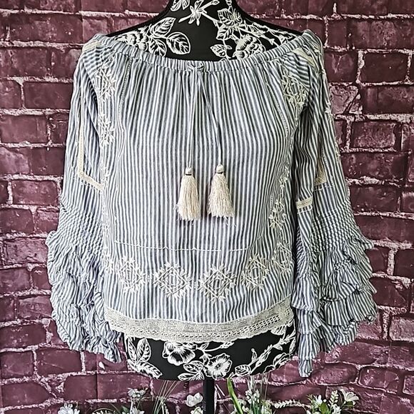Love Sam Tops - Love Sam Off Shoulder,Pinstriped,Boho Embroidered Top with Layered Cuffs
